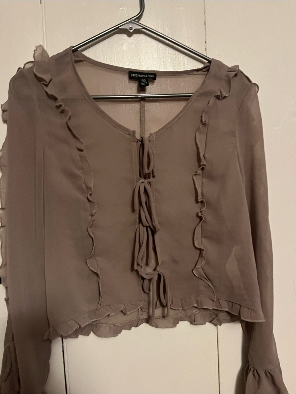 PrettyLittleThing Mauve Tie-Front Ruffle Blouse